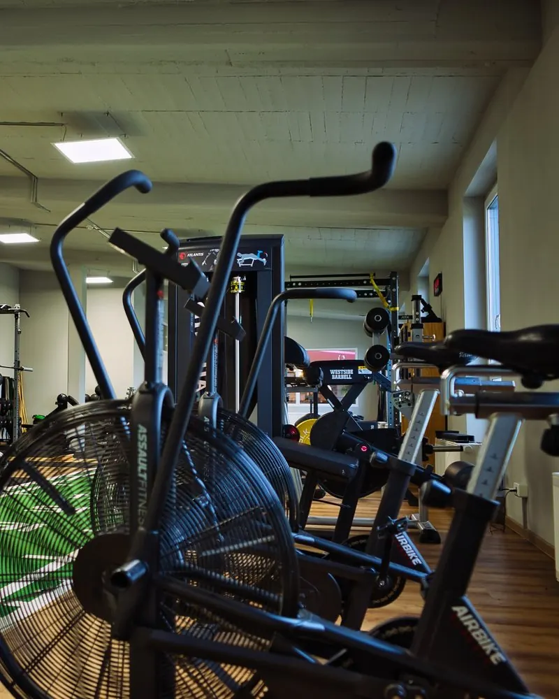 Trainingsfläche mit Airbikes und Hantelscheiben in einem Fitnessstudio